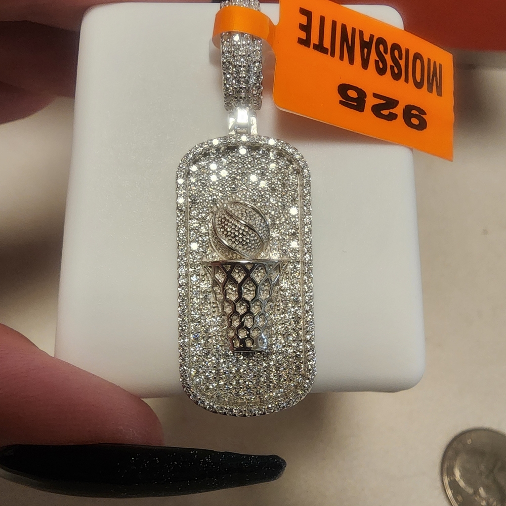 Sterling Silver Rhodium Plated Moissanite Basketball Pendant